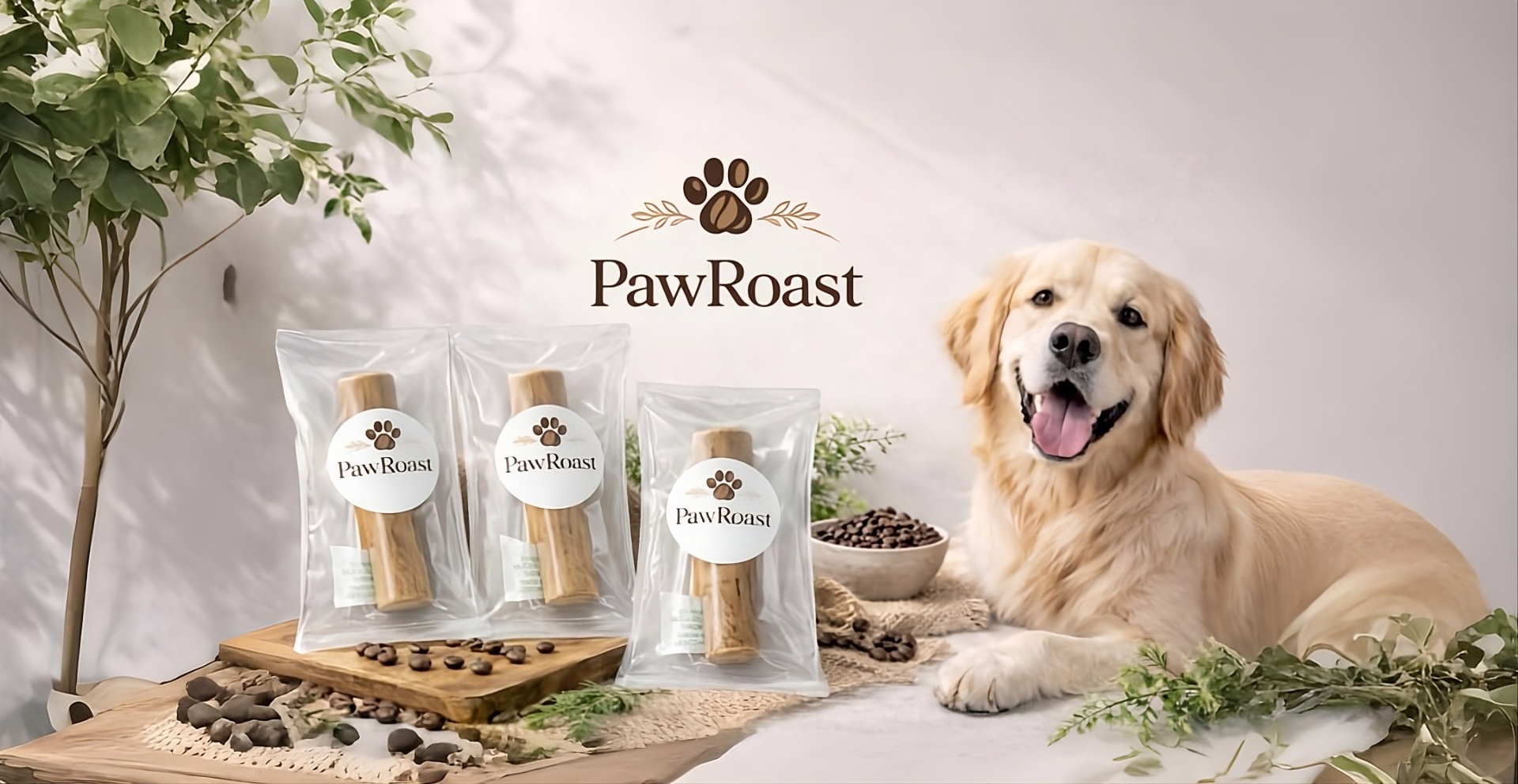PawRoast coffee wood chews with a golden retriever