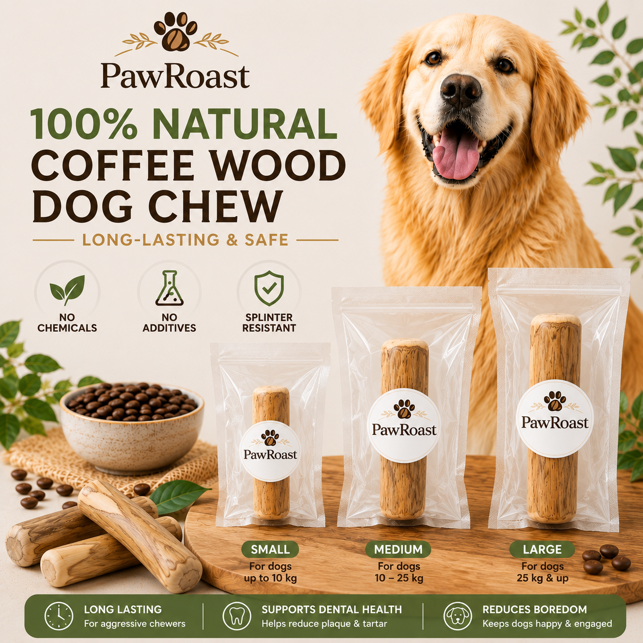PawRoast Explorer Bundle — Small, Medium & Large coffee wood dog chews