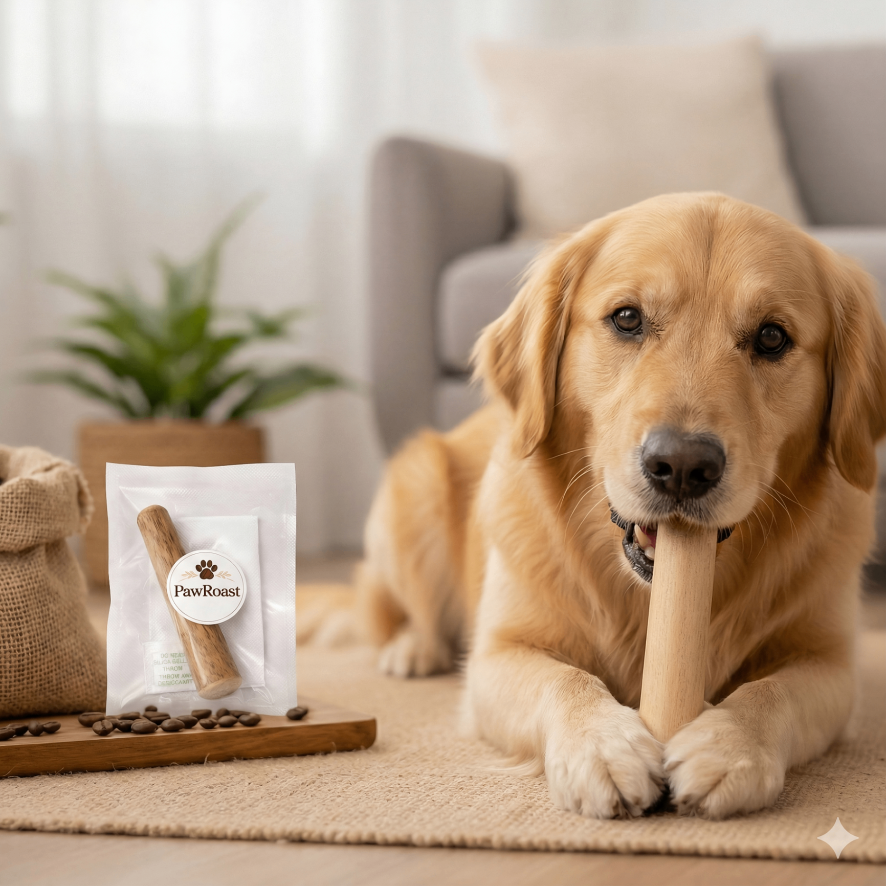 Golden retriever enjoying a PawRoast coffee wood chew at home